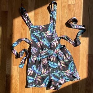 Overall style tropical print play suit